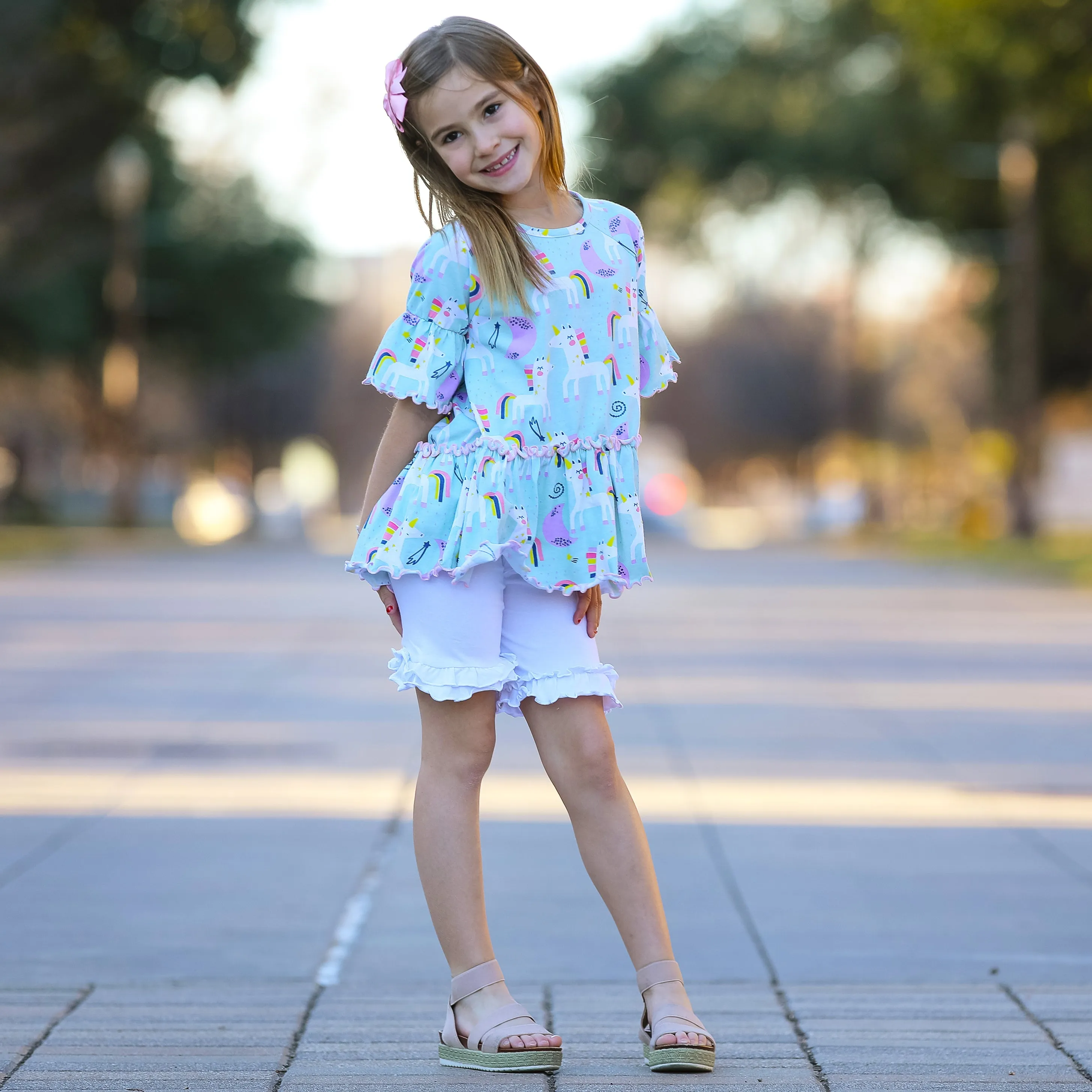 AnnLoren Little & Big Girls 3/4 Angel Sleeve Unicorn Cotton Knit Ruffle Shirt