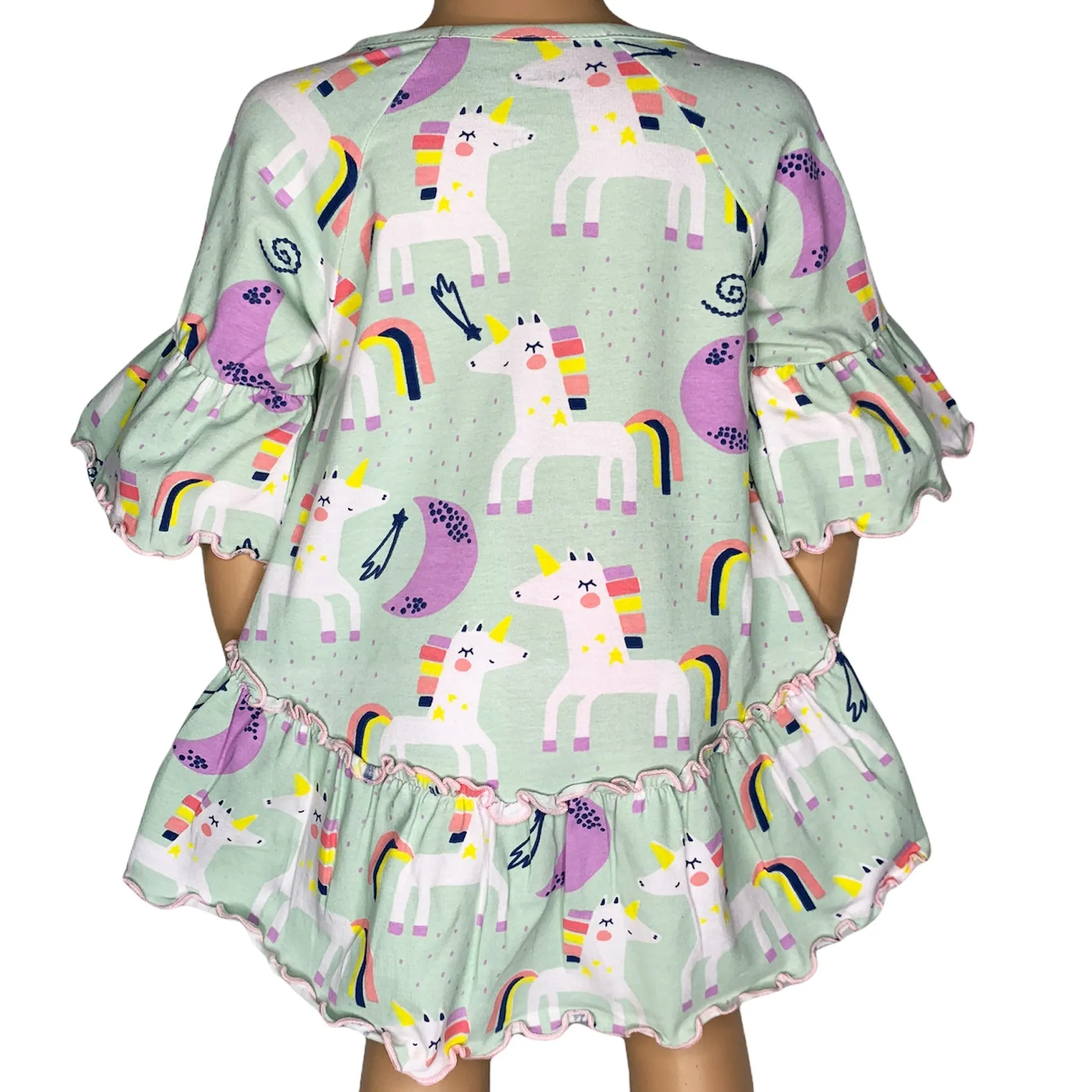 AnnLoren Little & Big Girls 3/4 Angel Sleeve Unicorn Cotton Knit Ruffle Shirt