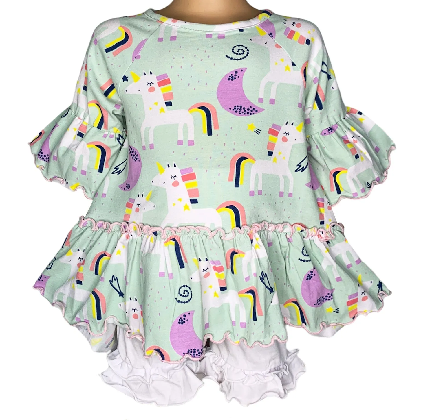 AnnLoren Little & Big Girls 3/4 Angel Sleeve Unicorn Cotton Knit Ruffle Shirt