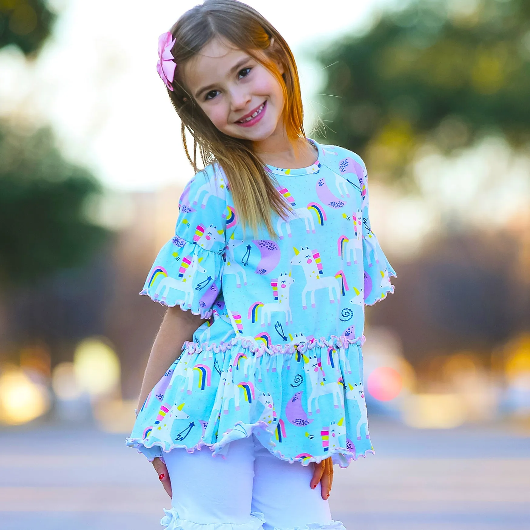 AnnLoren Little & Big Girls 3/4 Angel Sleeve Unicorn Cotton Knit Ruffle Shirt