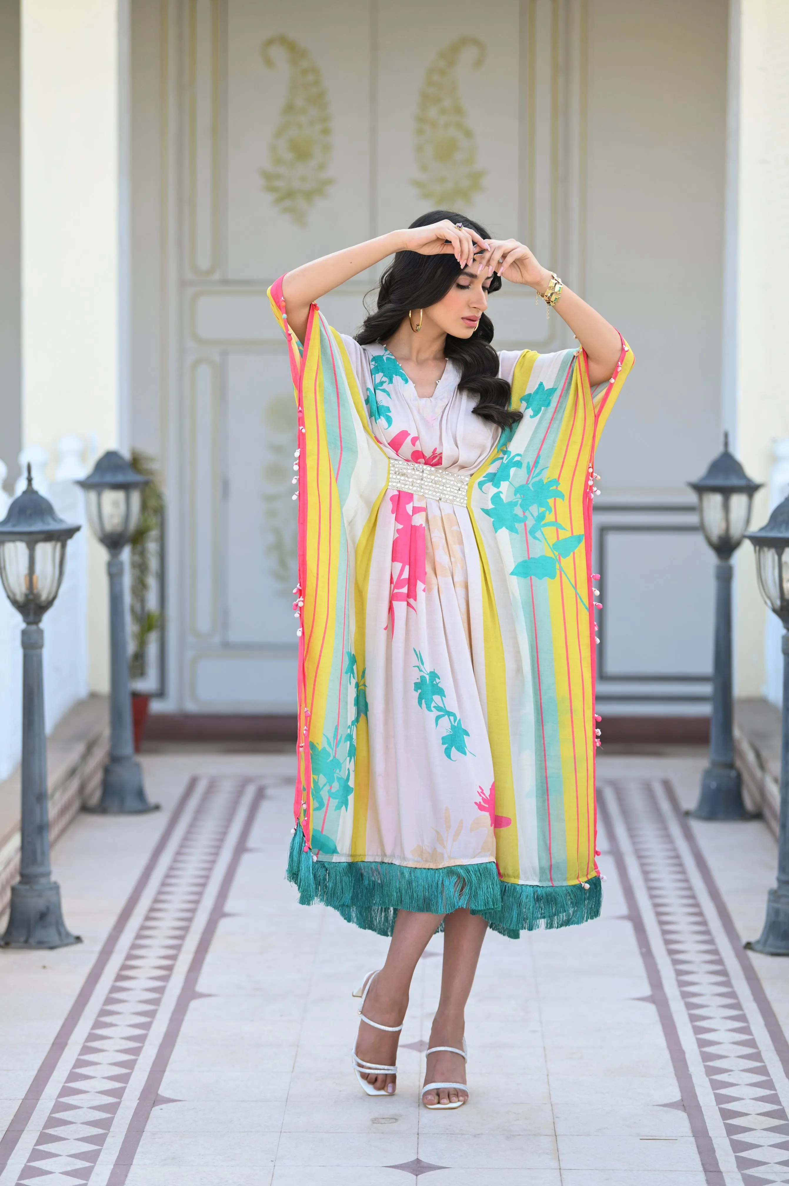 Aqua and Yellow Stripe Floral Kaftan