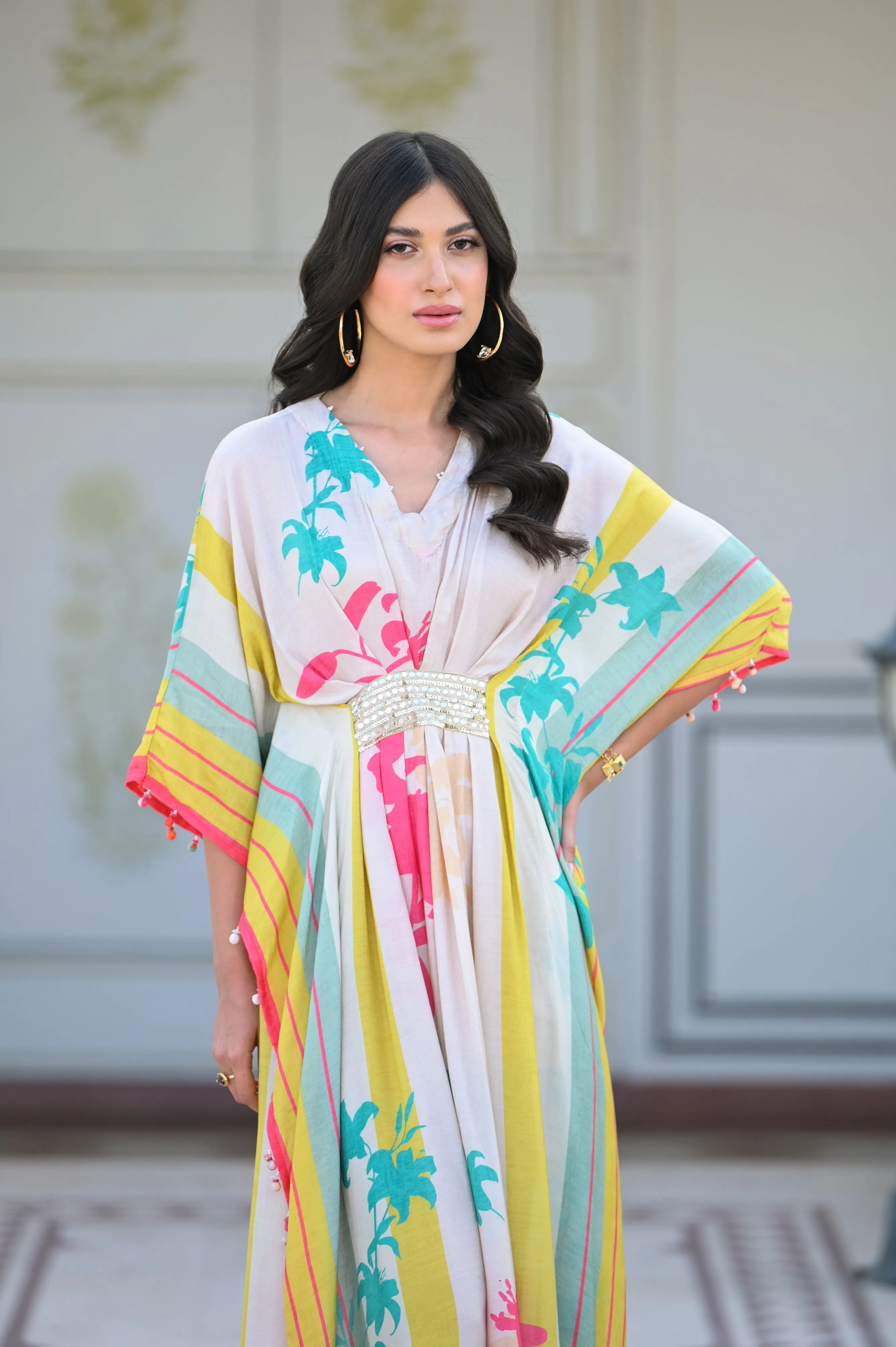 Aqua and Yellow Stripe Floral Kaftan