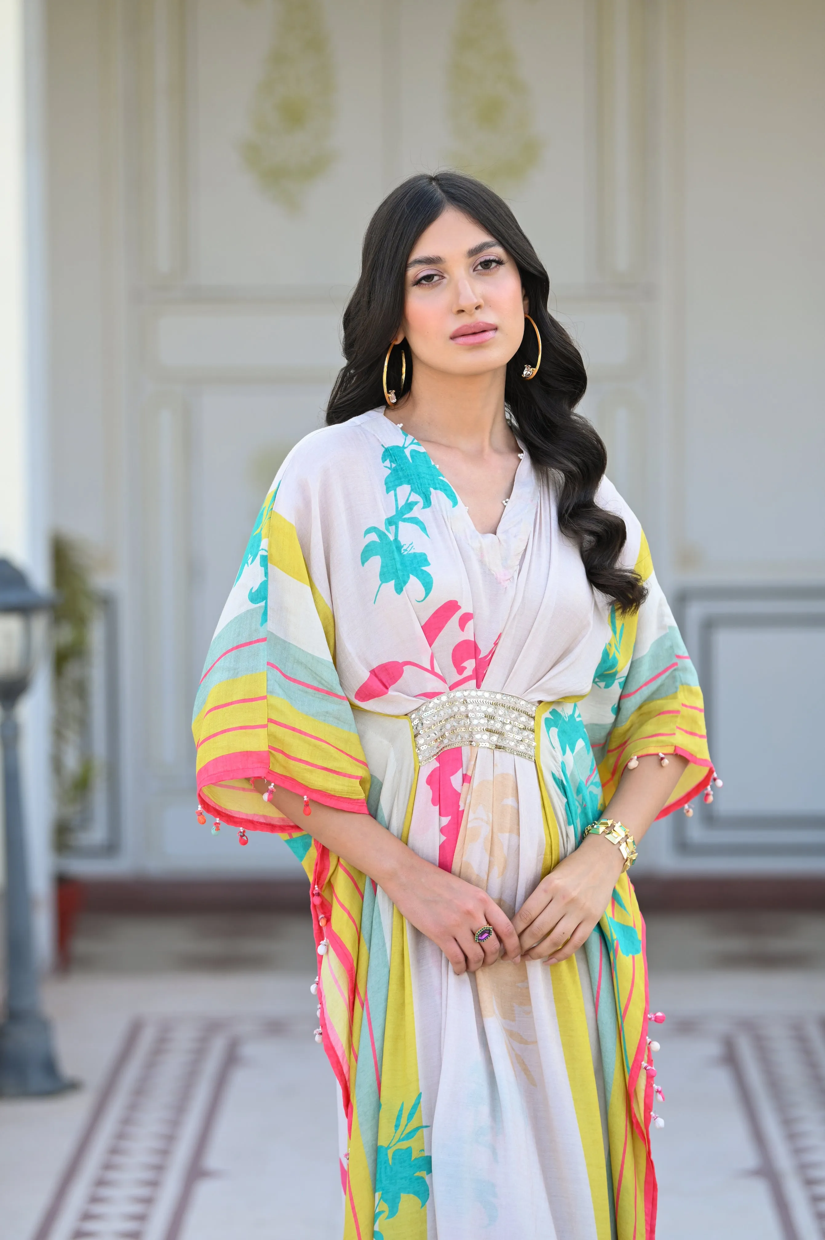 Aqua and Yellow Stripe Floral Kaftan