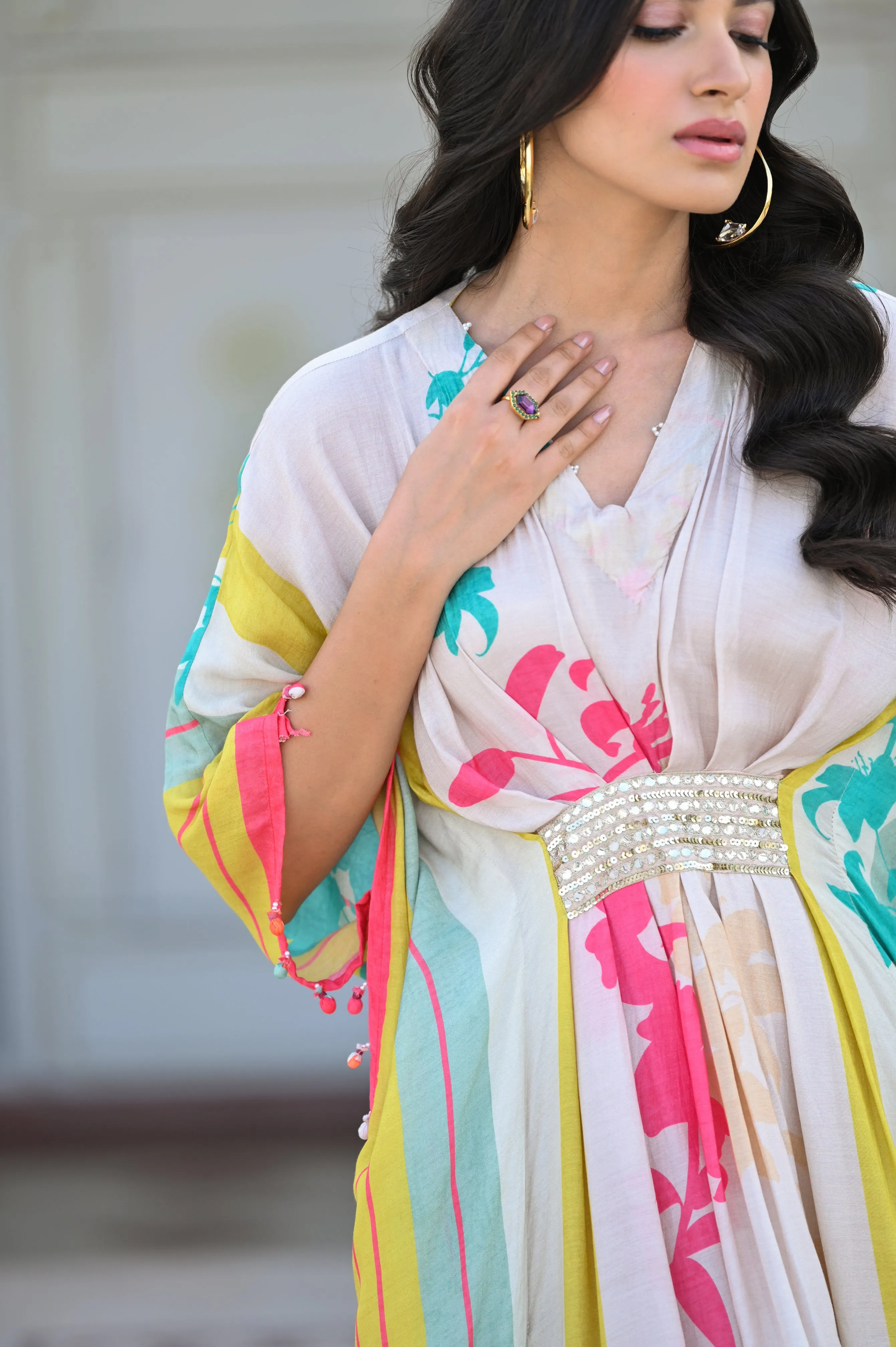 Aqua and Yellow Stripe Floral Kaftan