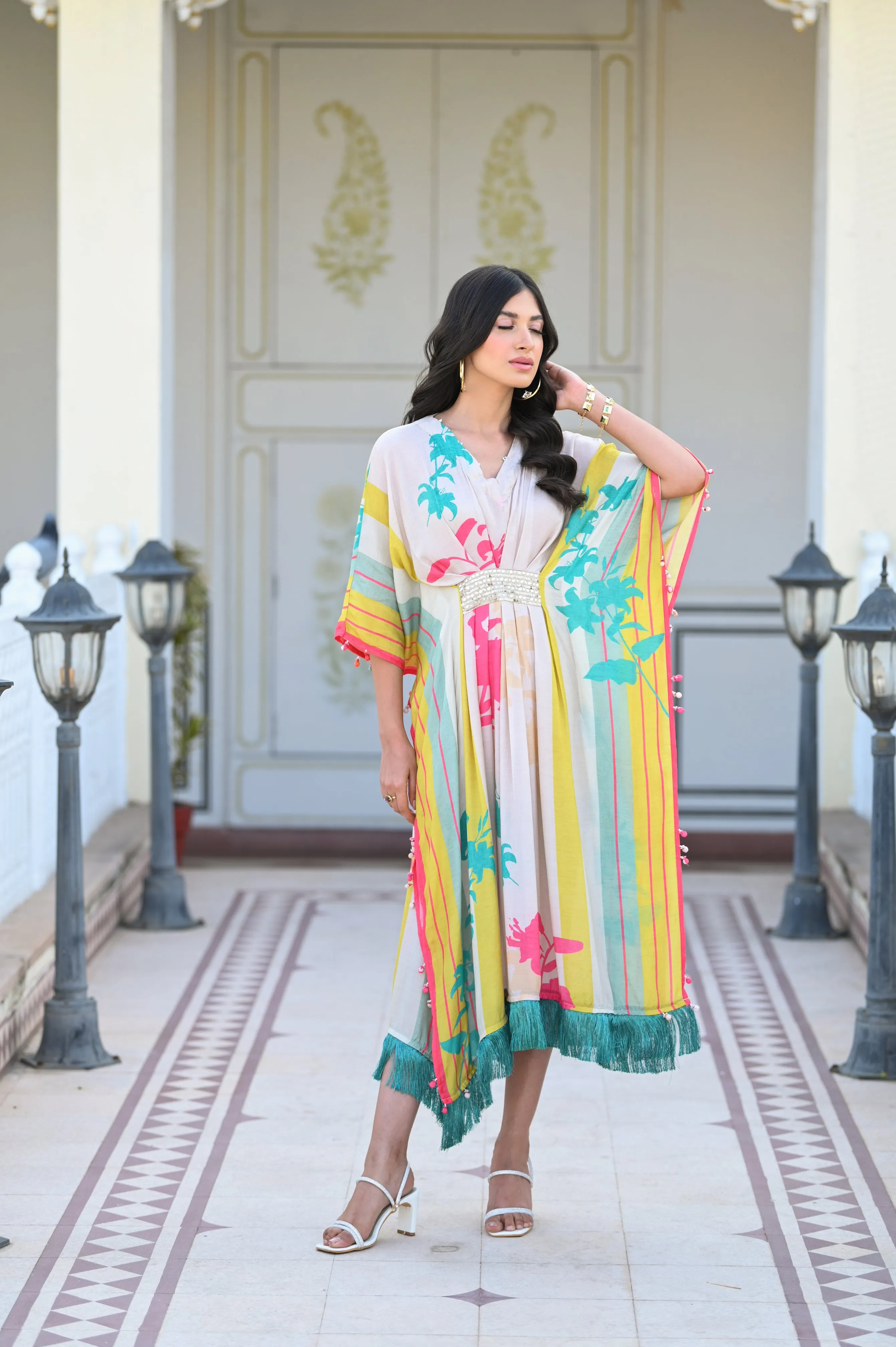 Aqua and Yellow Stripe Floral Kaftan