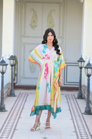 Aqua and Yellow Stripe Floral Kaftan