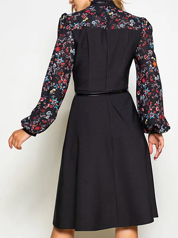 Autumn and Winter Women's Black Long-sleeved Printed Dress Retro Elegant Dress