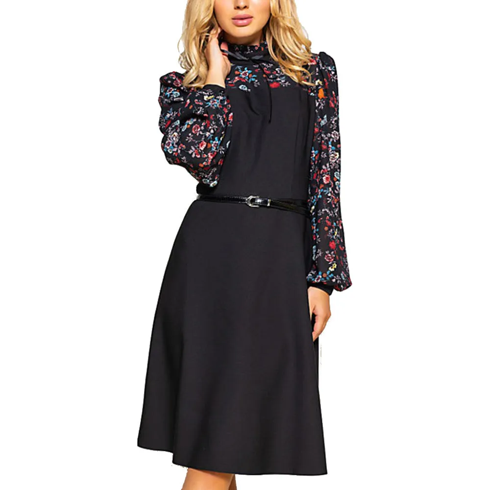 Autumn and Winter Women's Black Long-sleeved Printed Dress Retro Elegant Dress