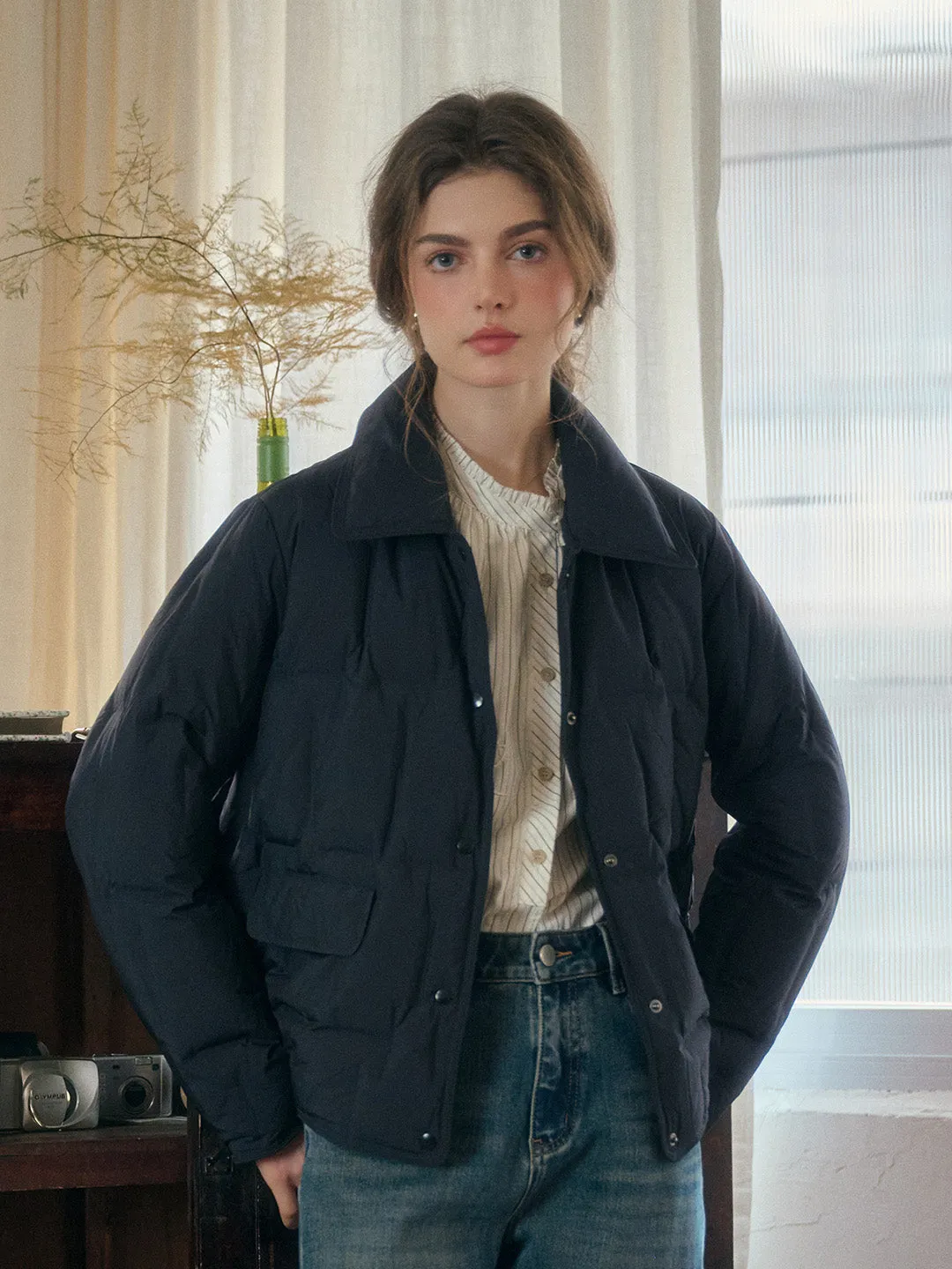 Bea Notched Collar Pocket Down Jacket - Black