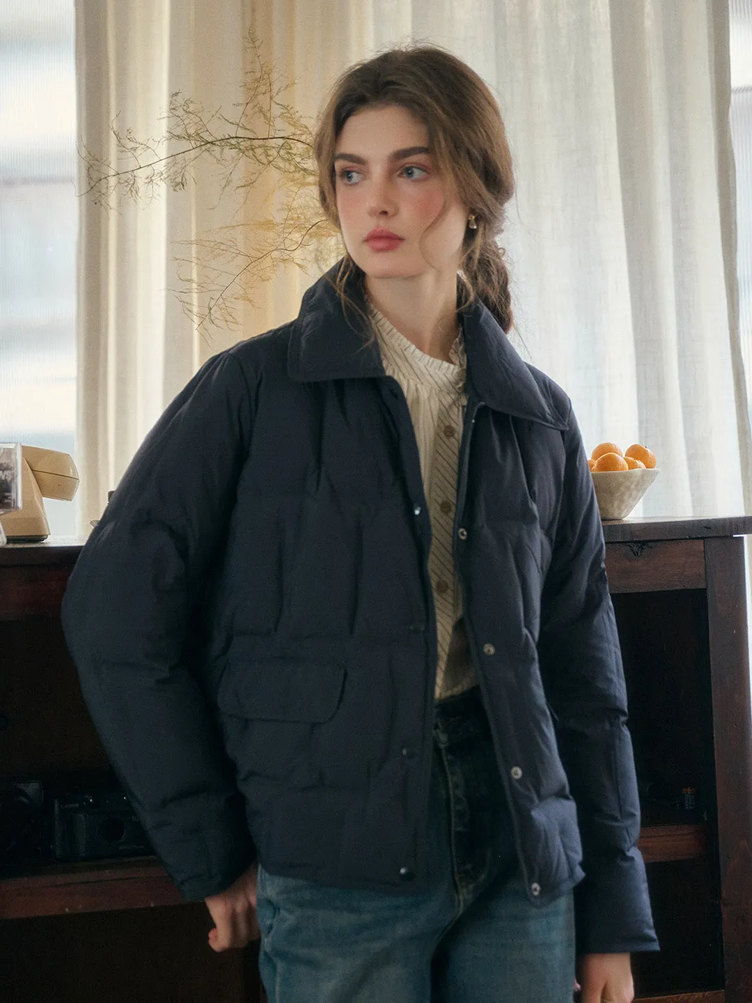 Bea Notched Collar Pocket Down Jacket - Black