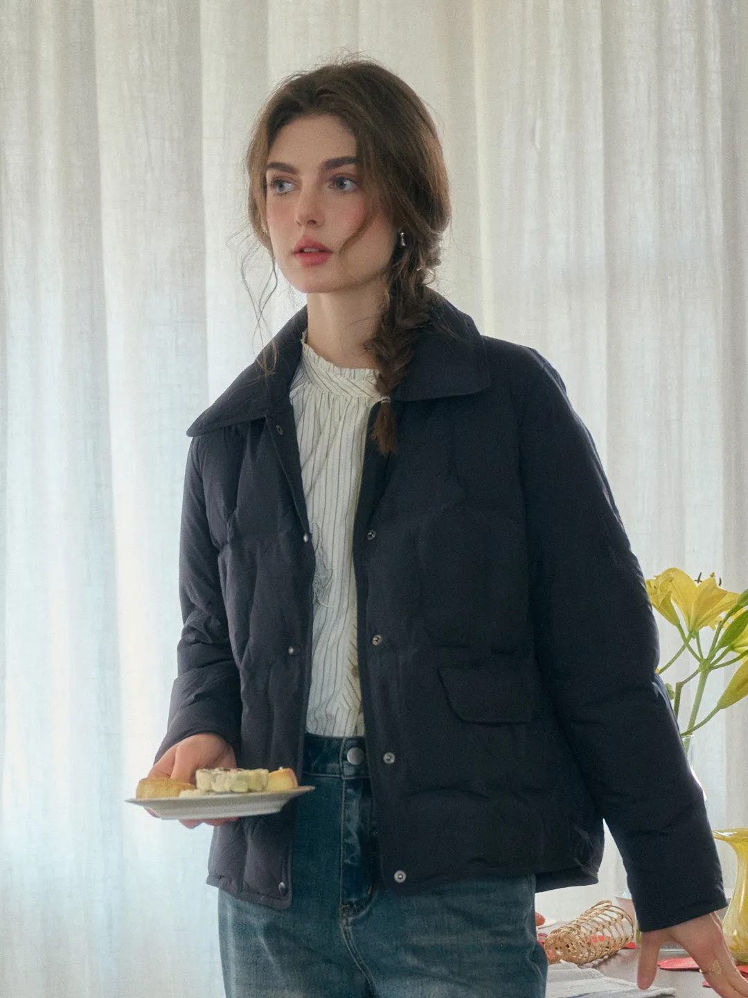 Bea Notched Collar Pocket Down Jacket - Black