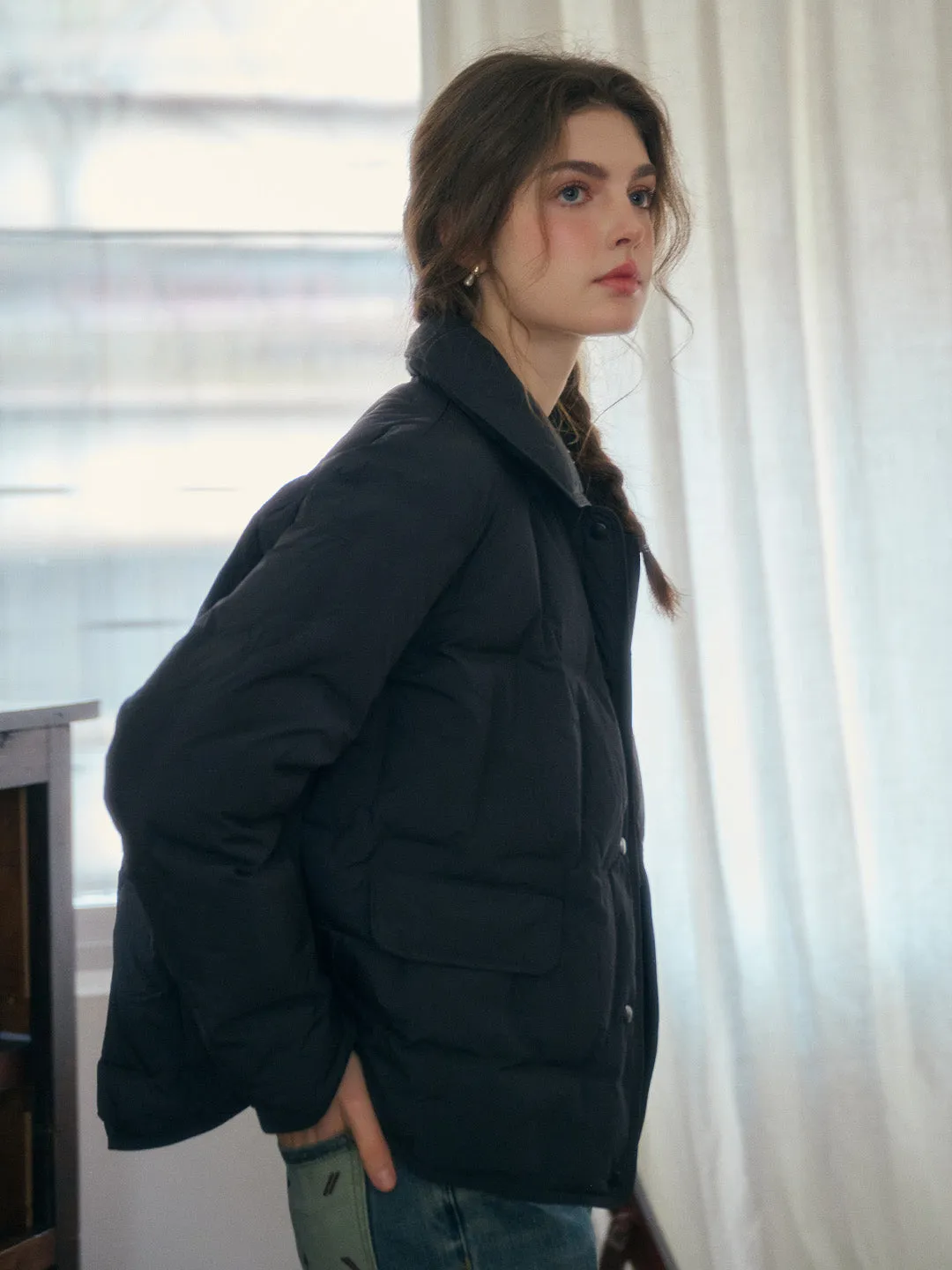 Bea Notched Collar Pocket Down Jacket - Black