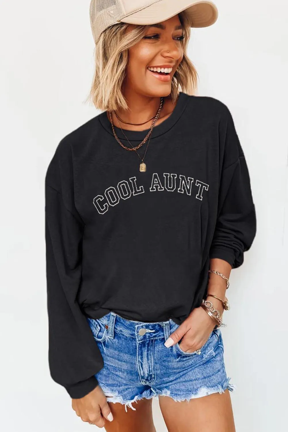 Black COOL AUNT Embroidered Letter Graphic Sweatshirt