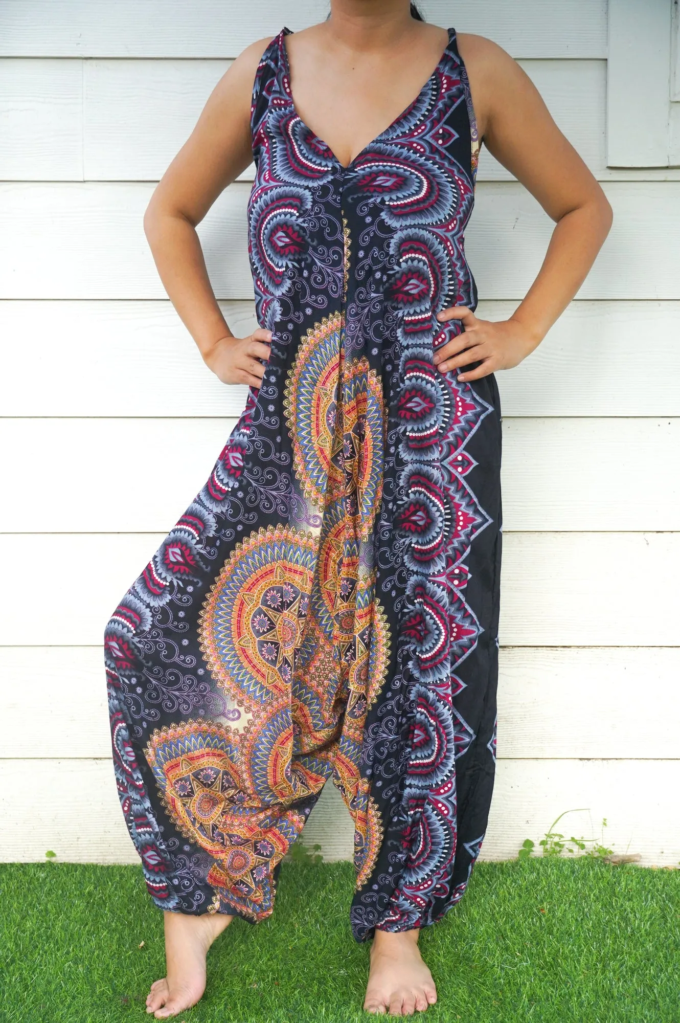 Bohemian Harem Jumpsuit- Black Multi Mandala