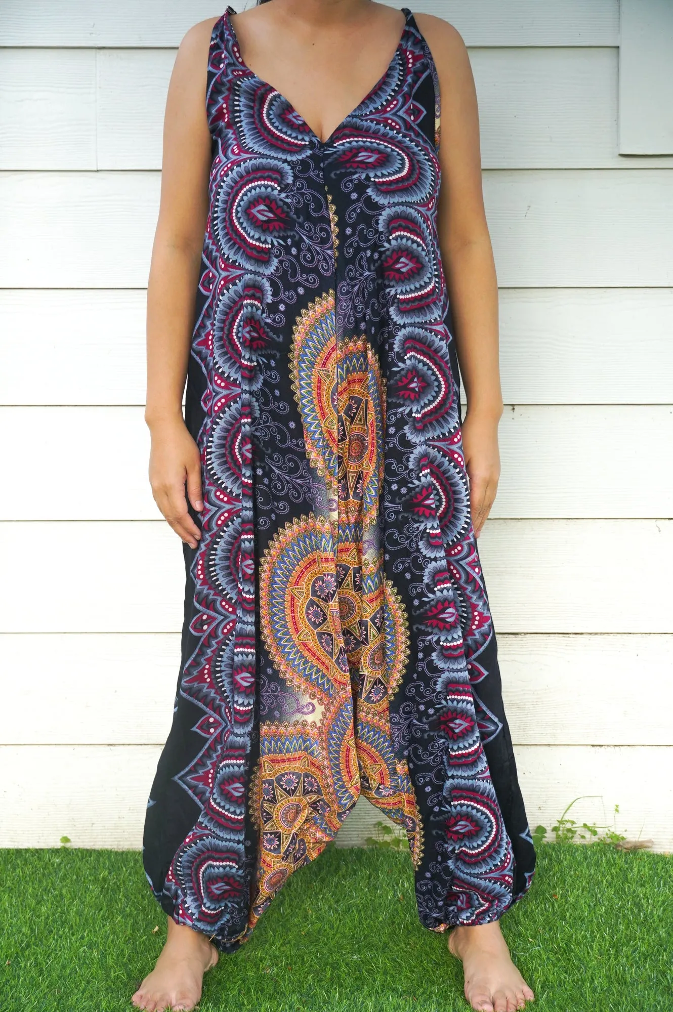 Bohemian Harem Jumpsuit- Black Multi Mandala