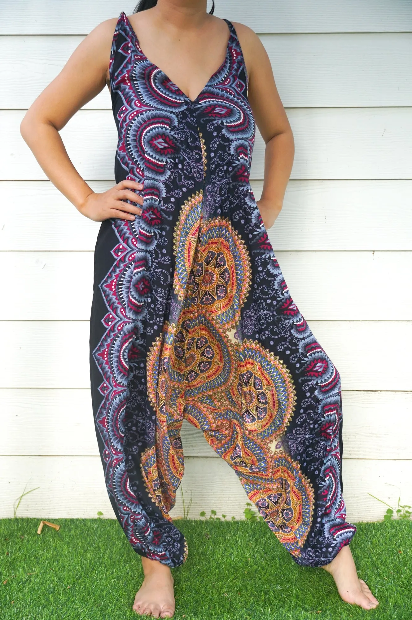 Bohemian Harem Jumpsuit- Black Multi Mandala