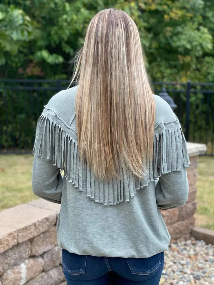 Boho Vibes Fringe Top - Heather Olive