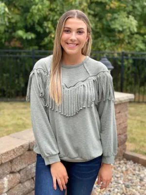 Boho Vibes Fringe Top - Heather Olive