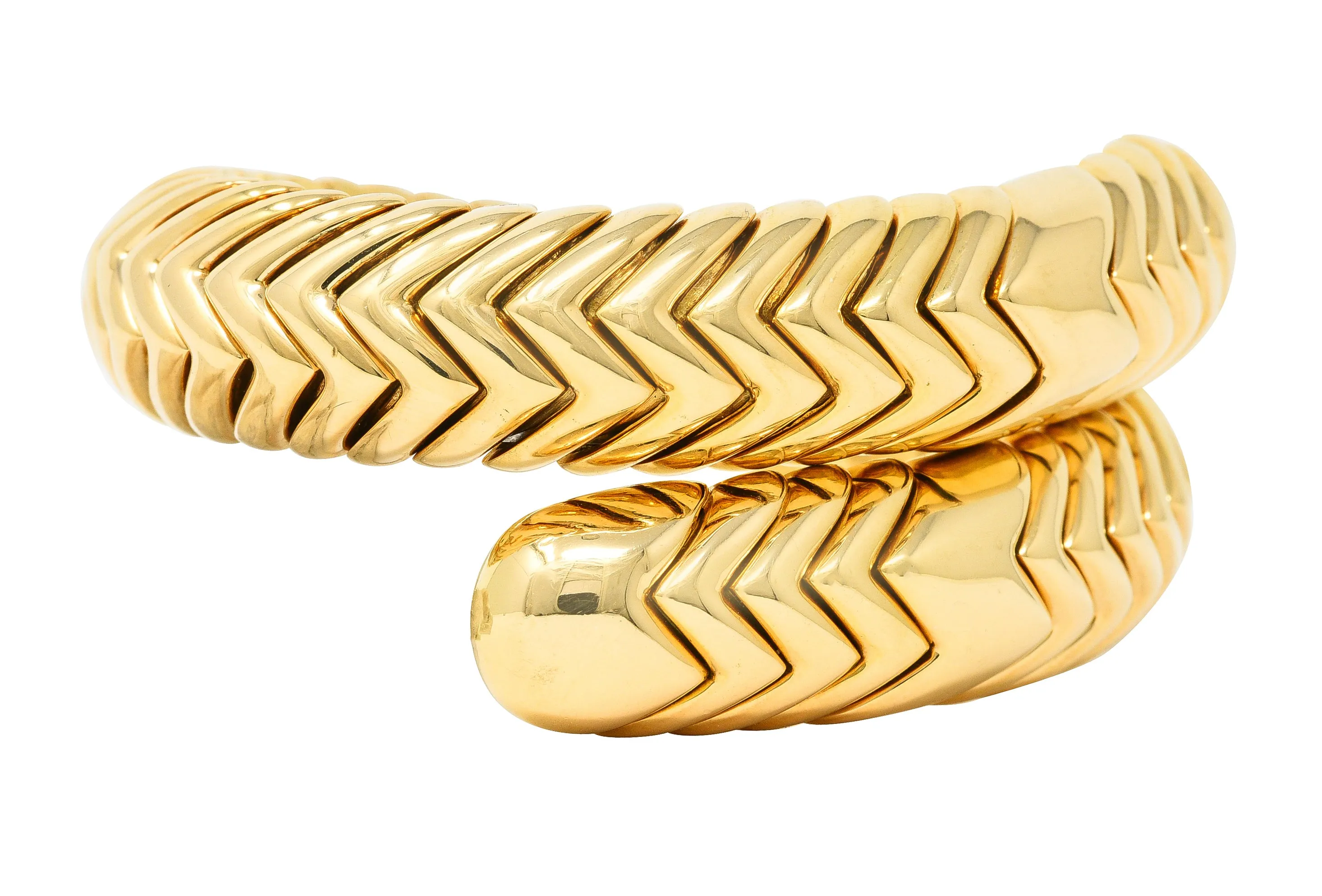 Bulgari 1990's 18 Karat Yellow Gold Chevron Spiga Wrap Vintage Bangle Bracelet