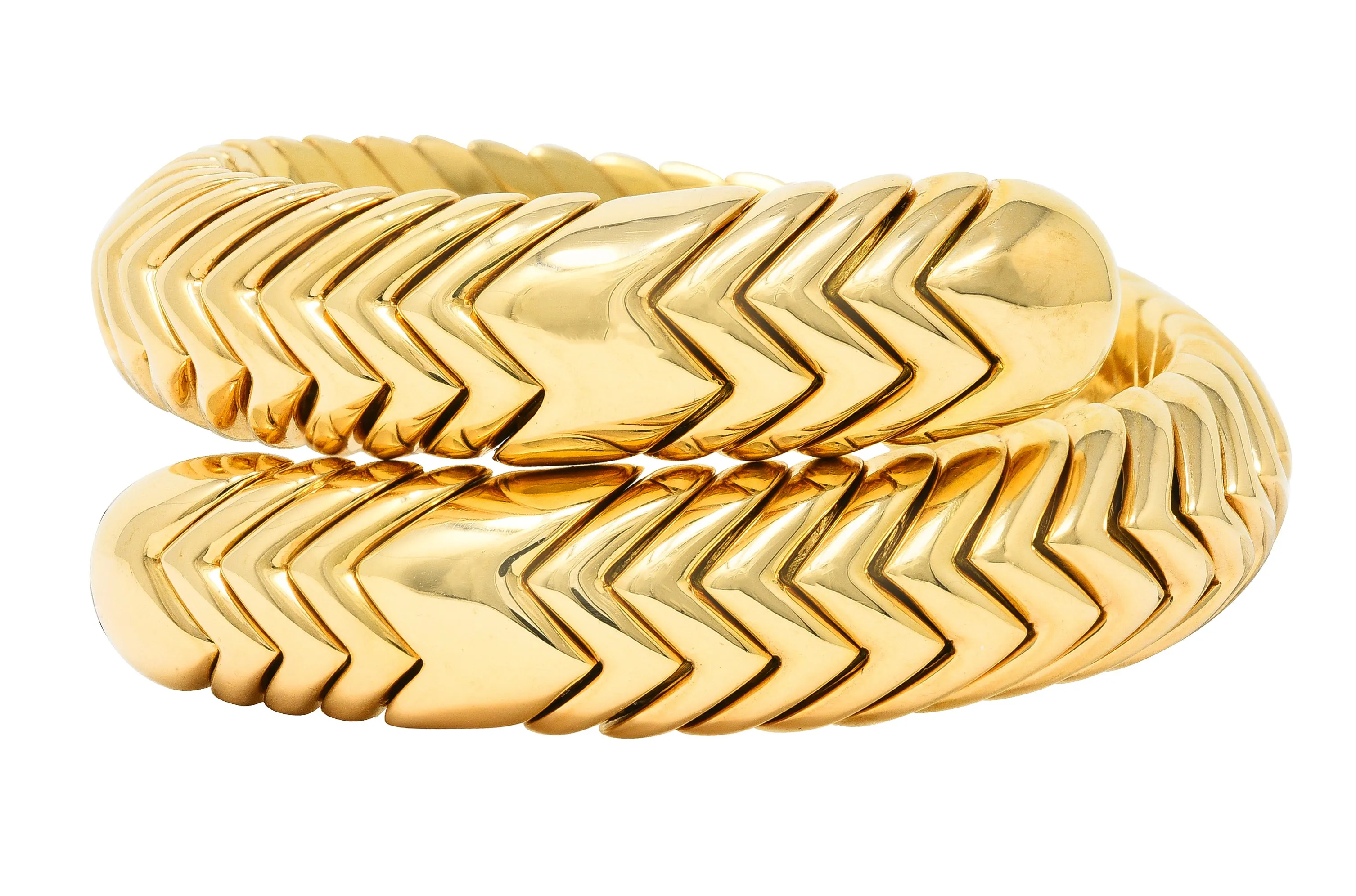 Bulgari 1990's 18 Karat Yellow Gold Chevron Spiga Wrap Vintage Bangle Bracelet