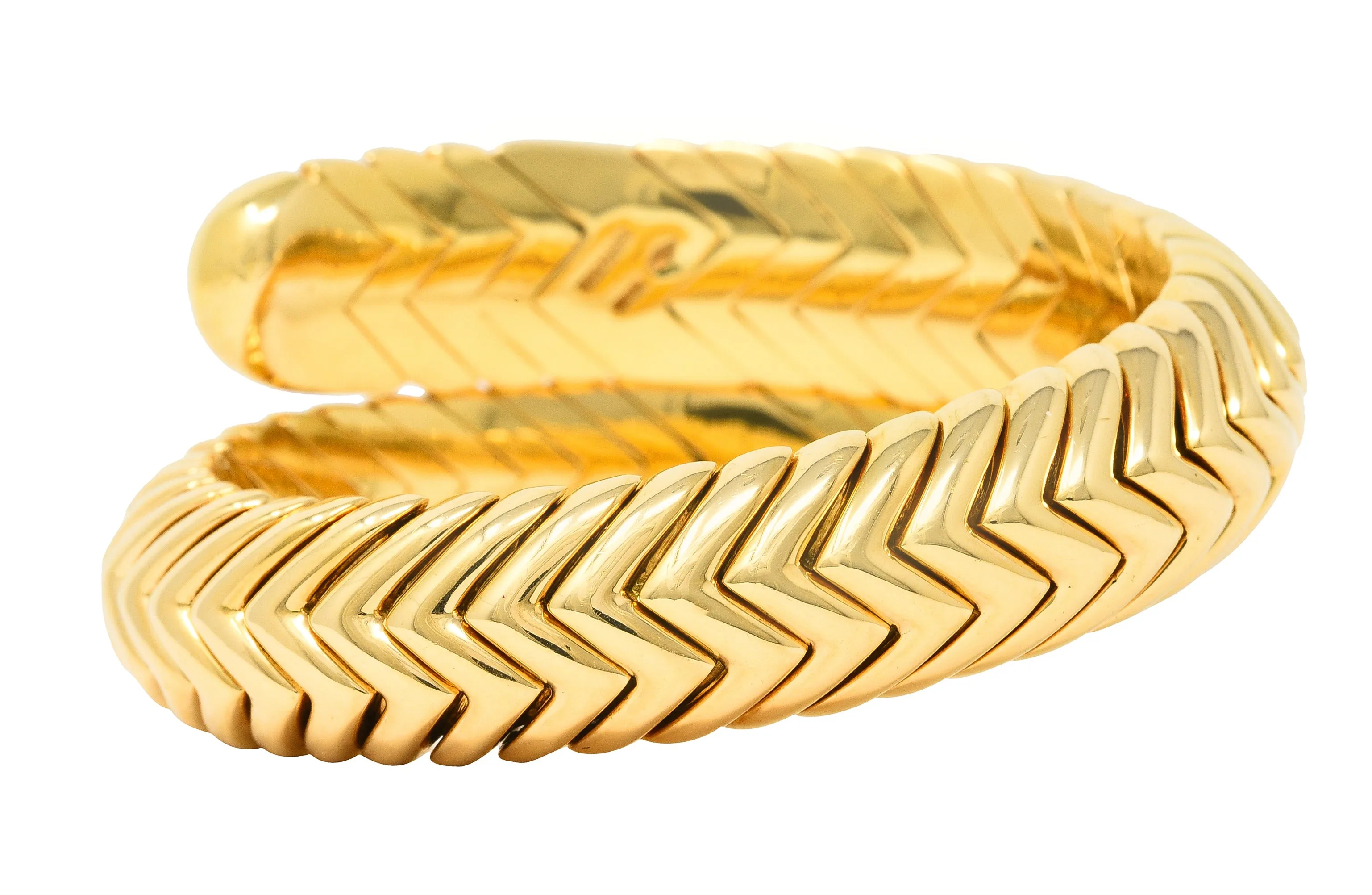 Bulgari 1990's 18 Karat Yellow Gold Chevron Spiga Wrap Vintage Bangle Bracelet