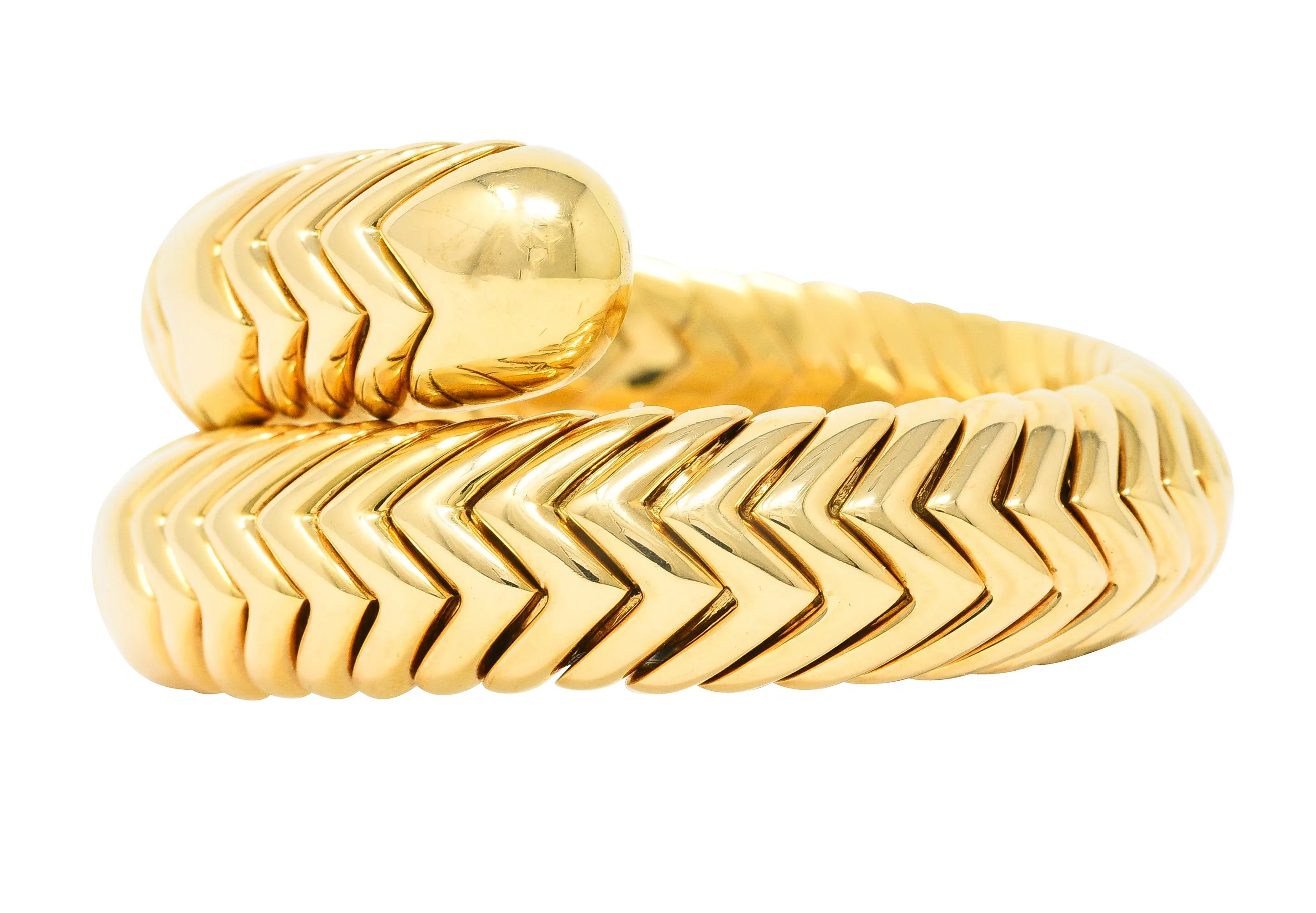 Bulgari 1990's 18 Karat Yellow Gold Chevron Spiga Wrap Vintage Bangle Bracelet