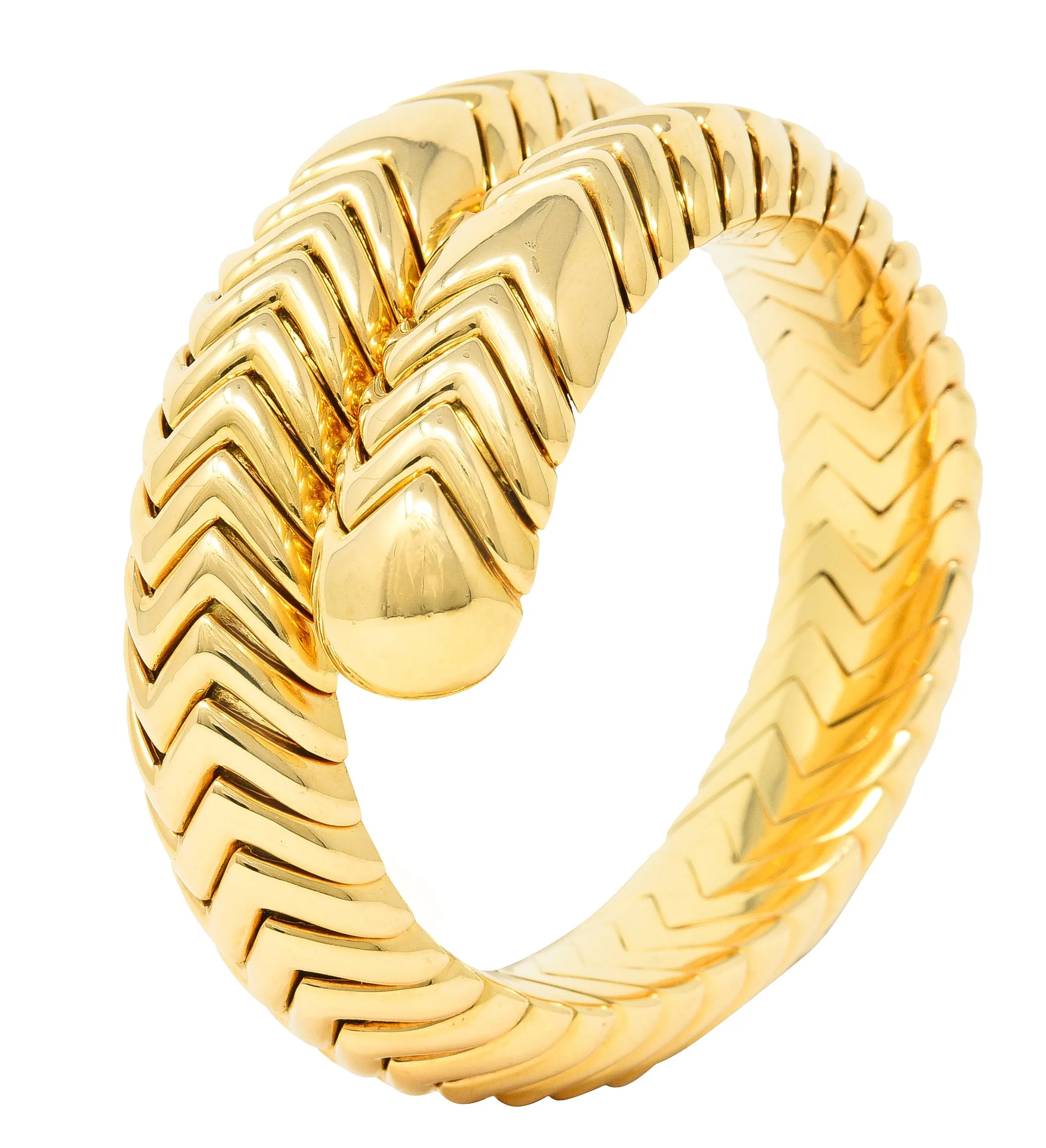 Bulgari 1990's 18 Karat Yellow Gold Chevron Spiga Wrap Vintage Bangle Bracelet