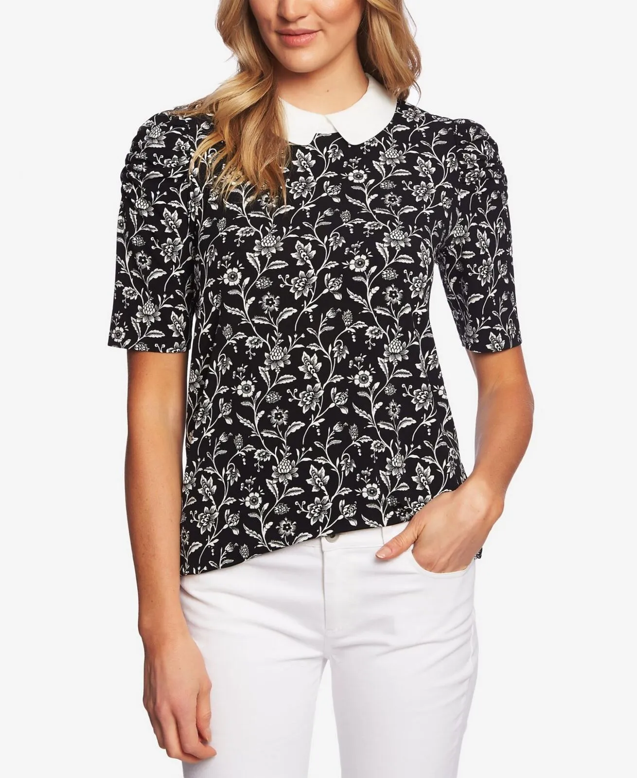 Cece Womens Printed Collared Top 7039609 Black Multi M