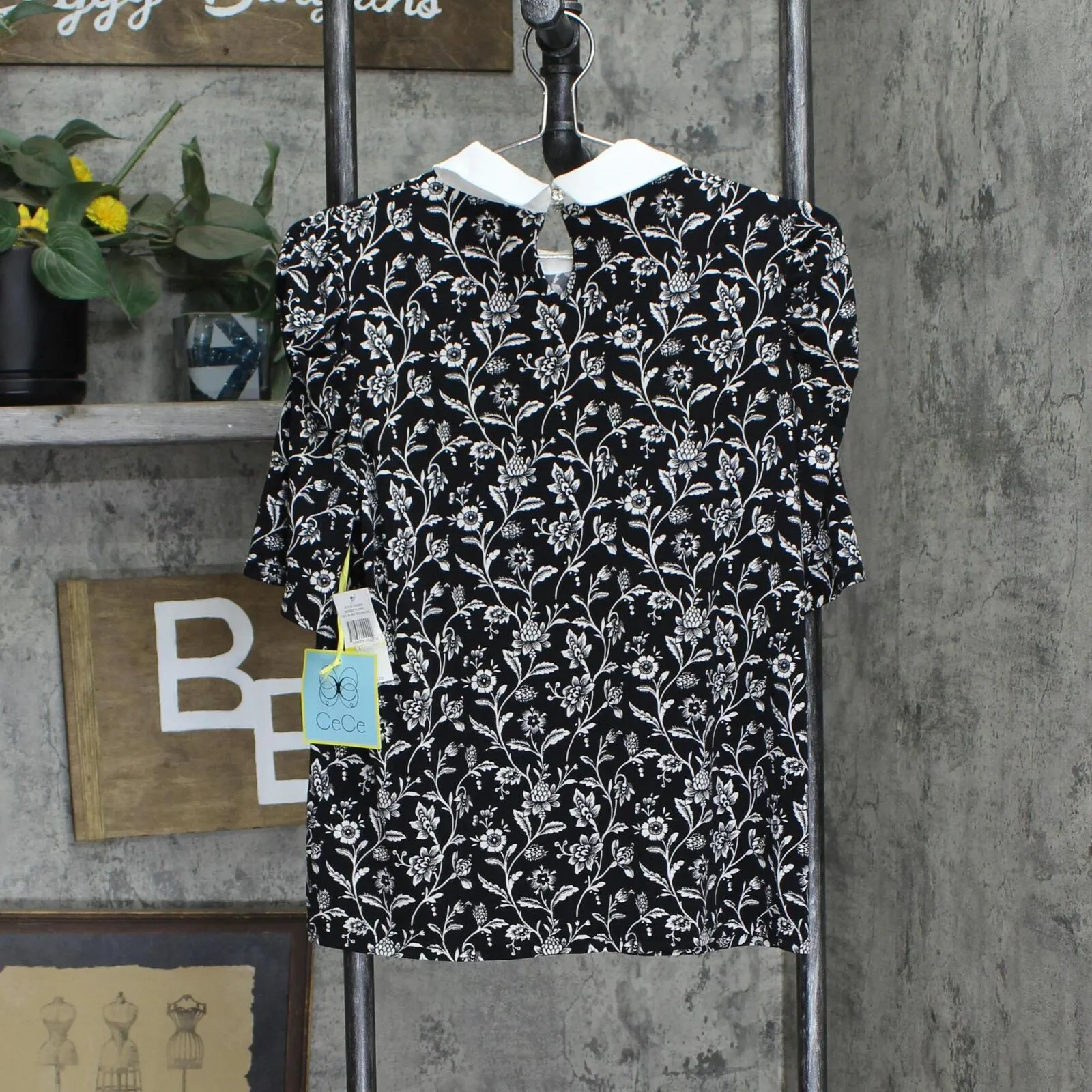 Cece Womens Printed Collared Top 7039609 Black Multi M