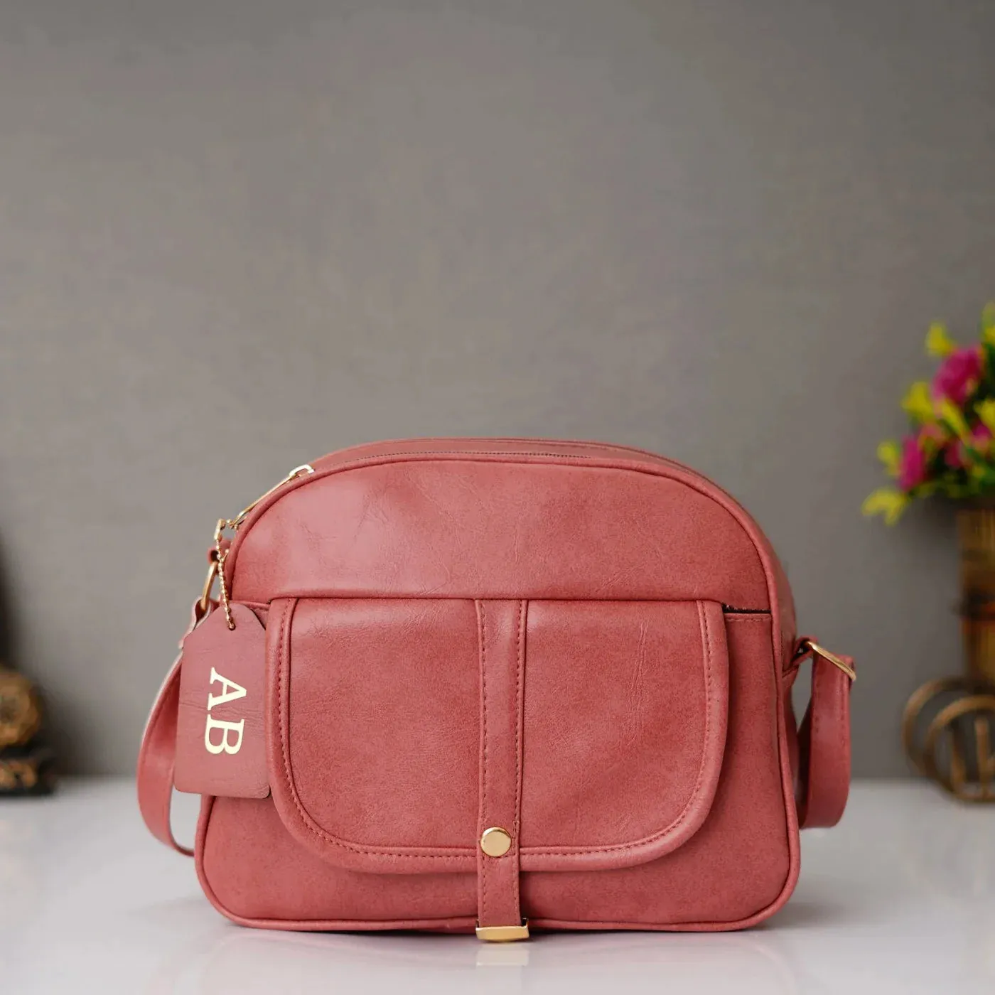Classy Leather Customized Chain Sling Bag - Peach
