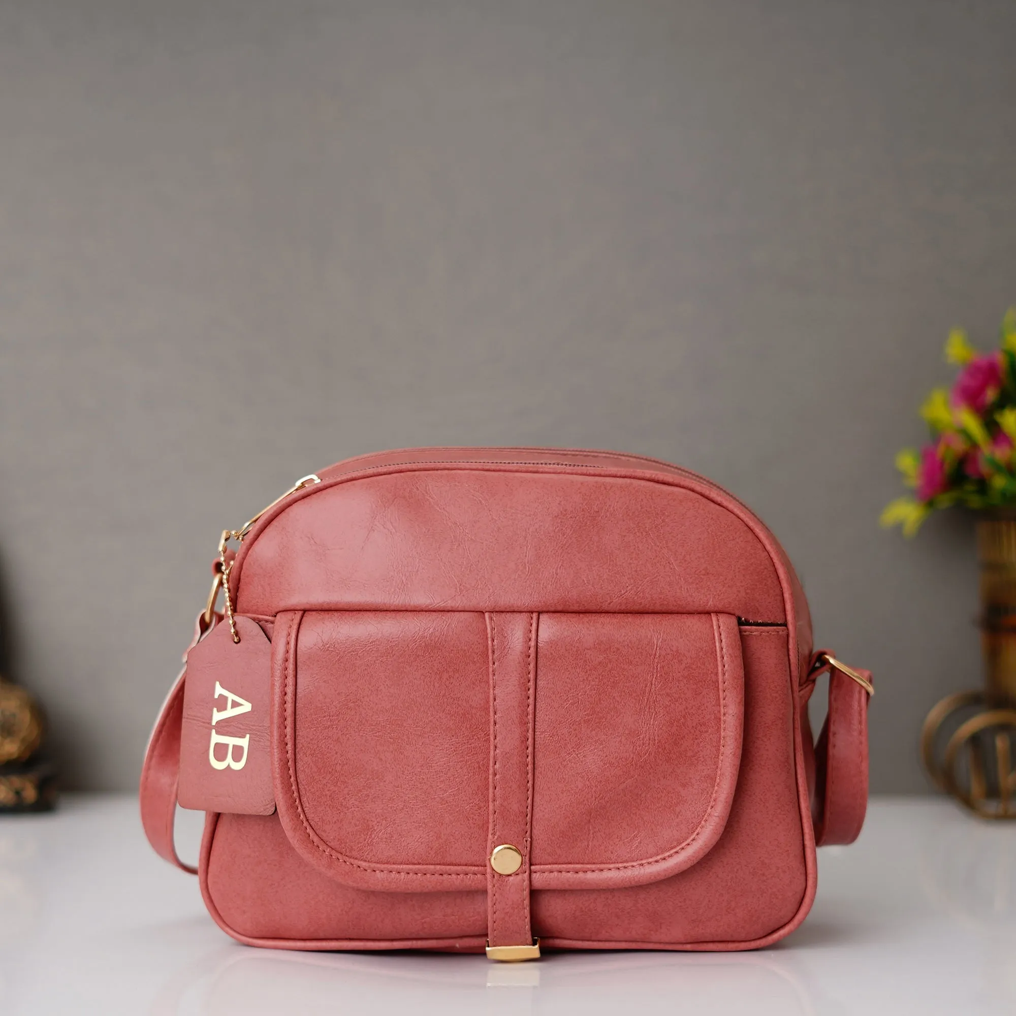 Classy Leather Customized Chain Sling Bag - Peach