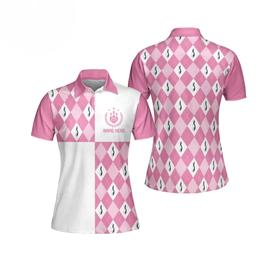 Custom Name Pattern Argyle Retro Bowling - Personalized Women Polo