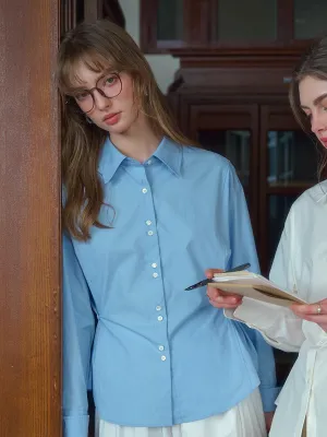 Daphne Simple Lapel Waist Blouse - Blue