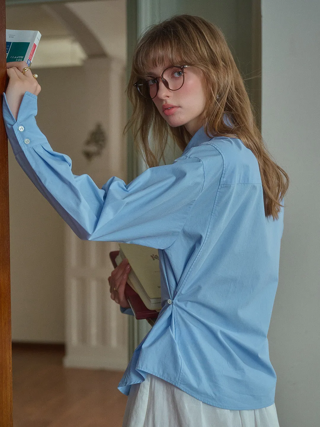 Daphne Simple Lapel Waist Blouse - Blue