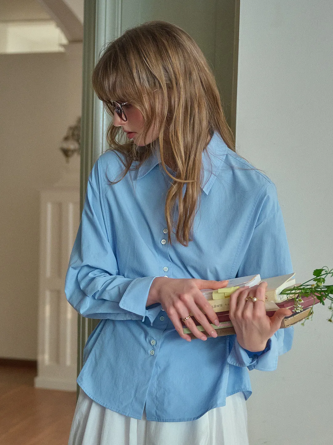 Daphne Simple Lapel Waist Blouse - Blue