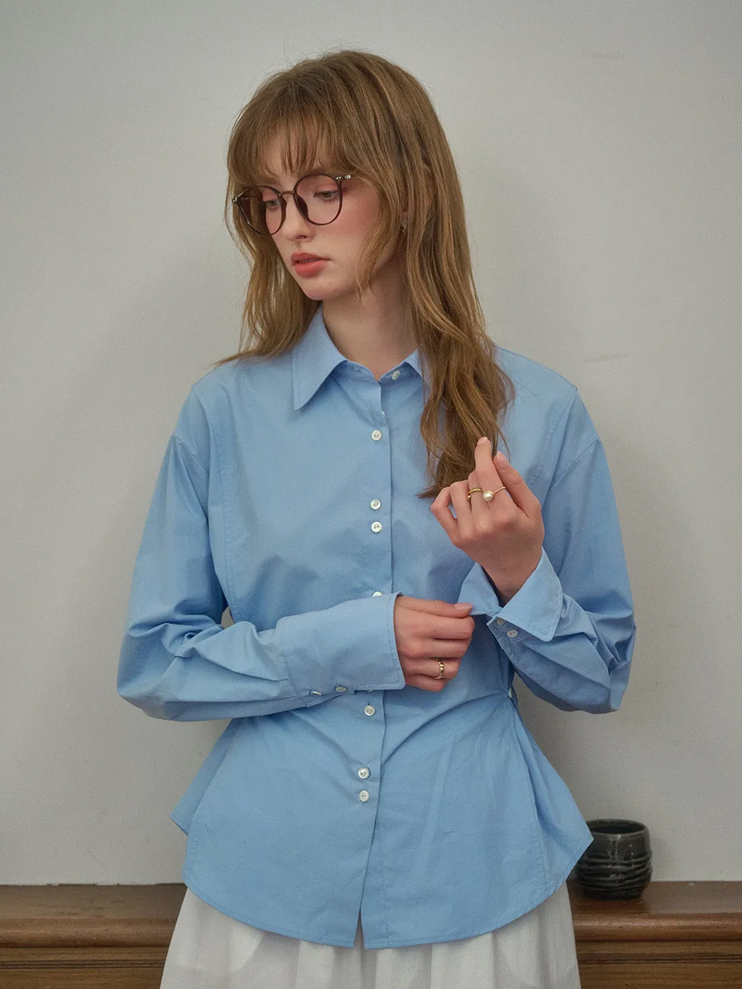 Daphne Simple Lapel Waist Blouse - Blue