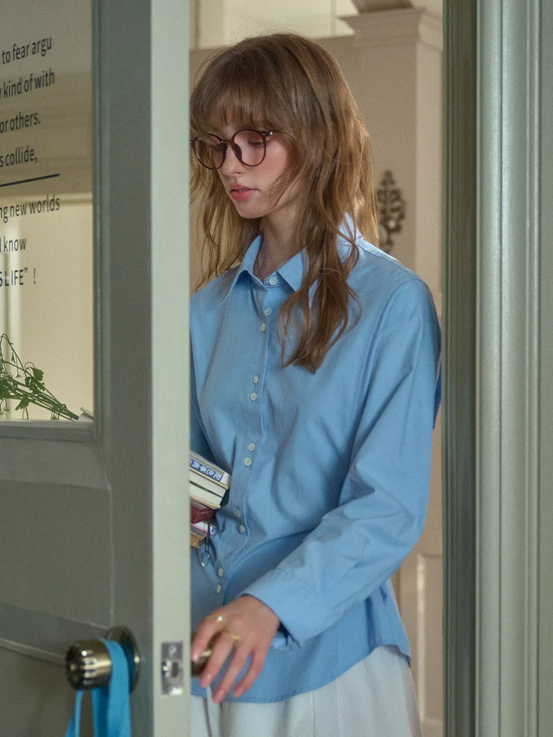 Daphne Simple Lapel Waist Blouse - Blue