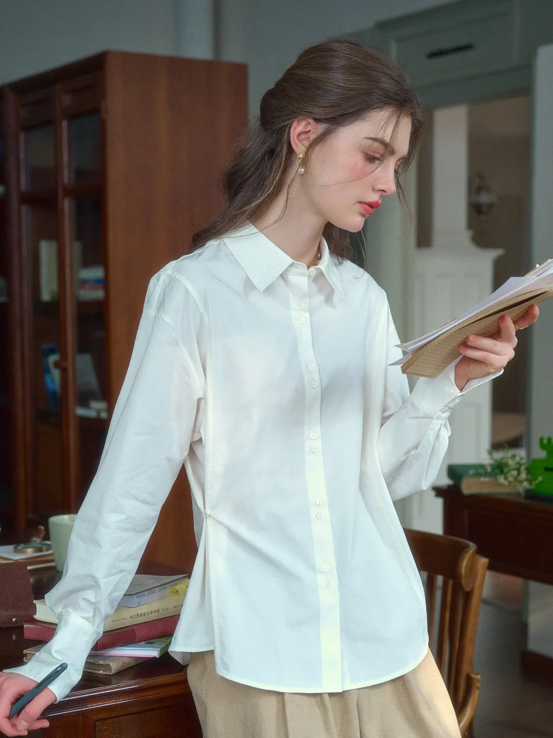 Daphne Simple Lapel Waist Blouse - Blue