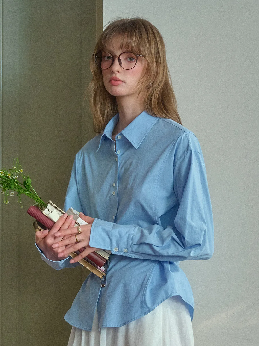Daphne Simple Lapel Waist Blouse - Blue