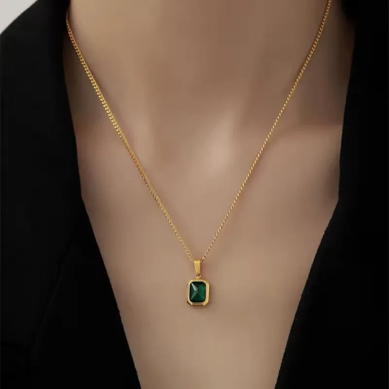 Elegant Retro Square Green Zircon Pendant Necklace