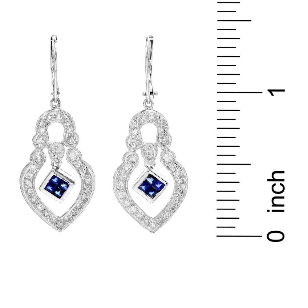 Estate Diamond and Step Cut Sapphire White Gold Drop Earrings
