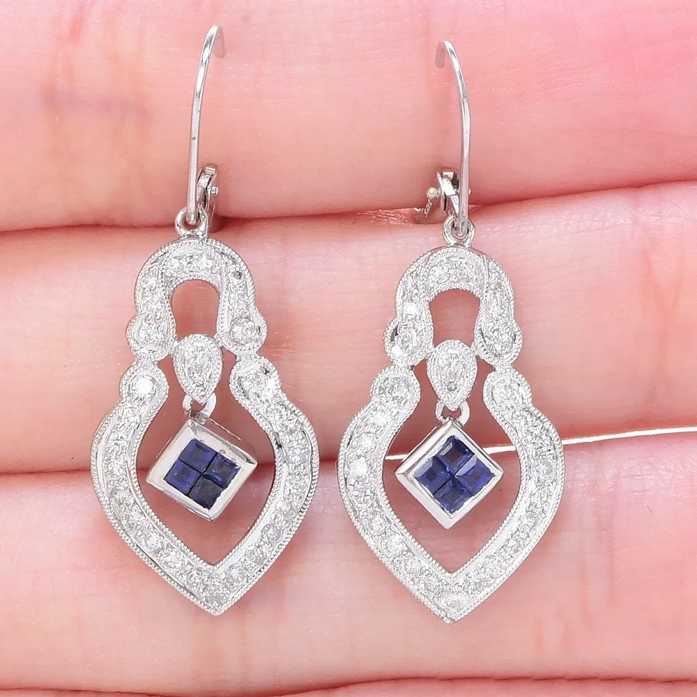 Estate Diamond and Step Cut Sapphire White Gold Drop Earrings