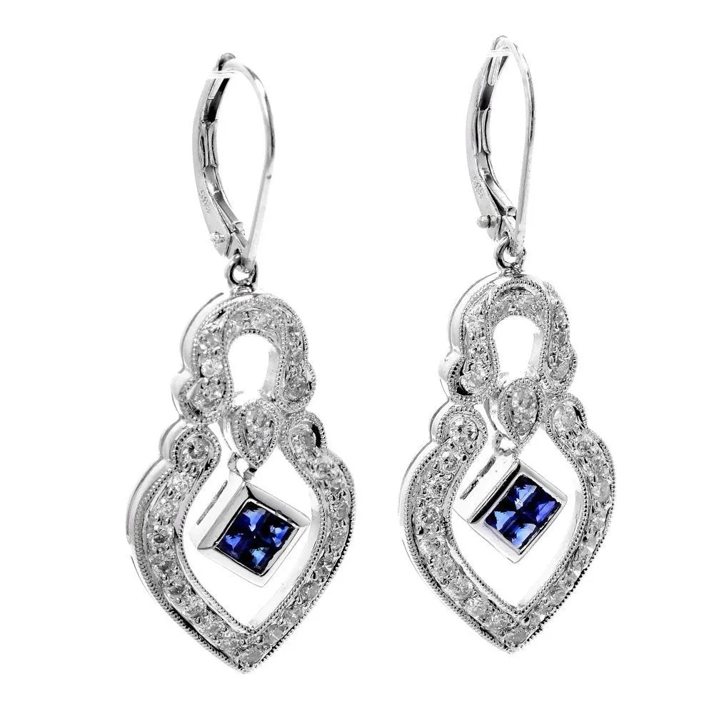 Estate Diamond and Step Cut Sapphire White Gold Drop Earrings