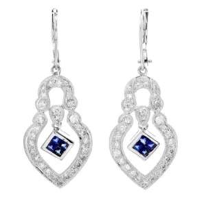 Estate Diamond and Step Cut Sapphire White Gold Drop Earrings