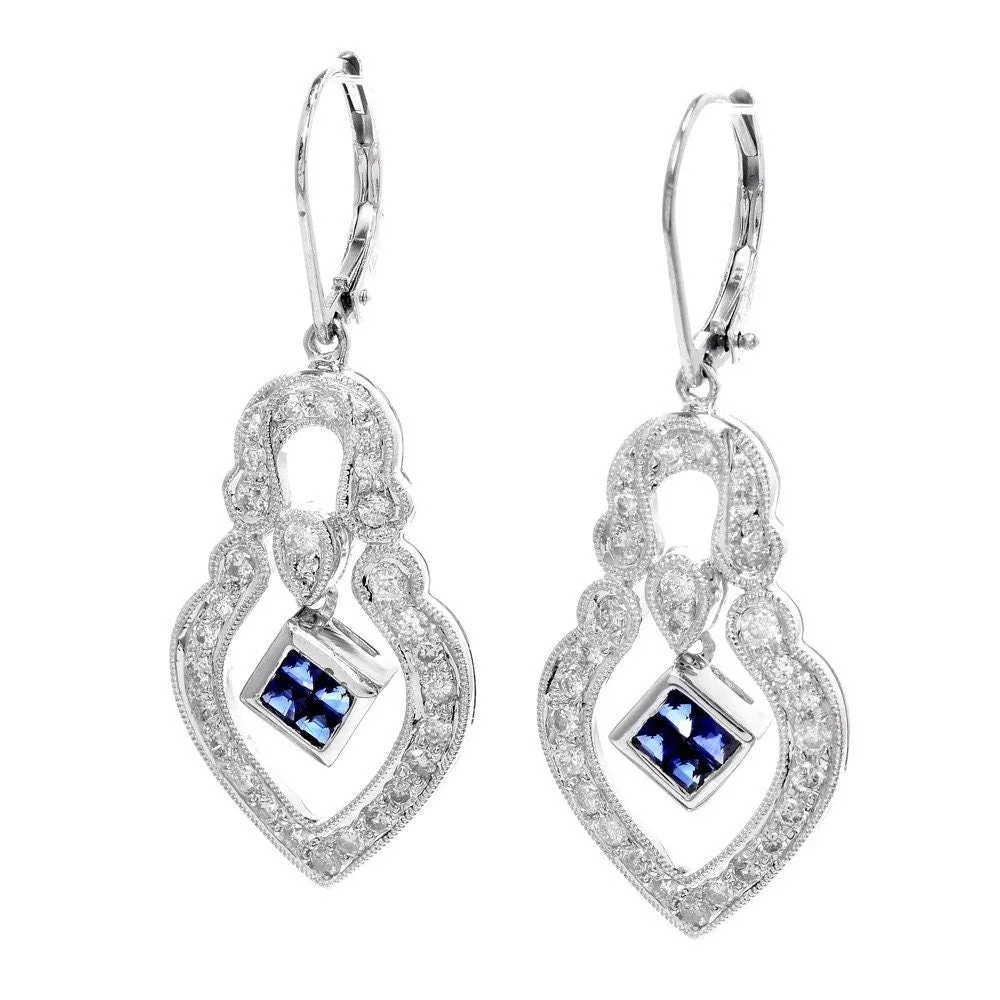 Estate Diamond and Step Cut Sapphire White Gold Drop Earrings