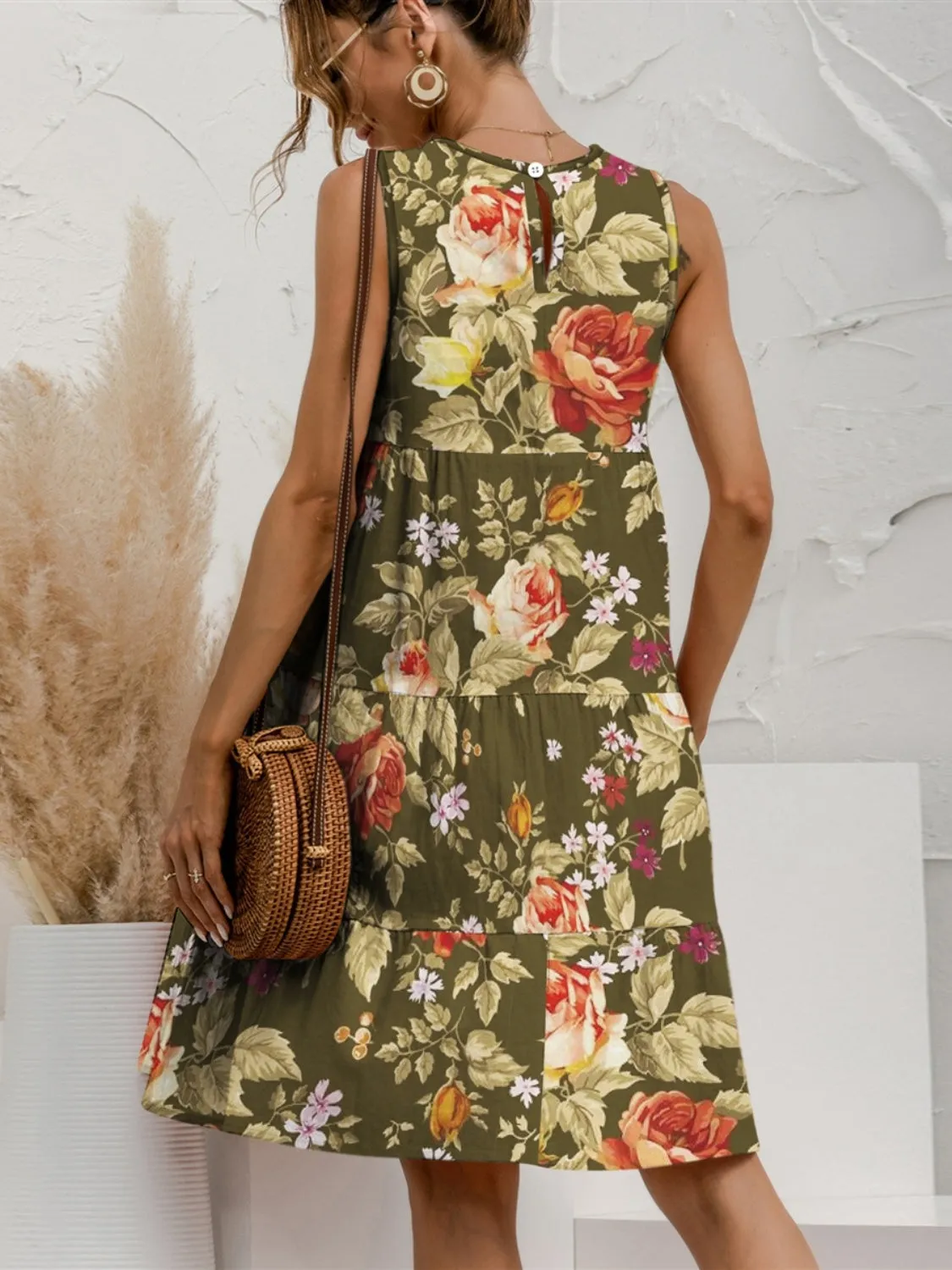 FAM-FAM Tiered Printed Round Neck Sleeveless Dress (4 Color Styles)