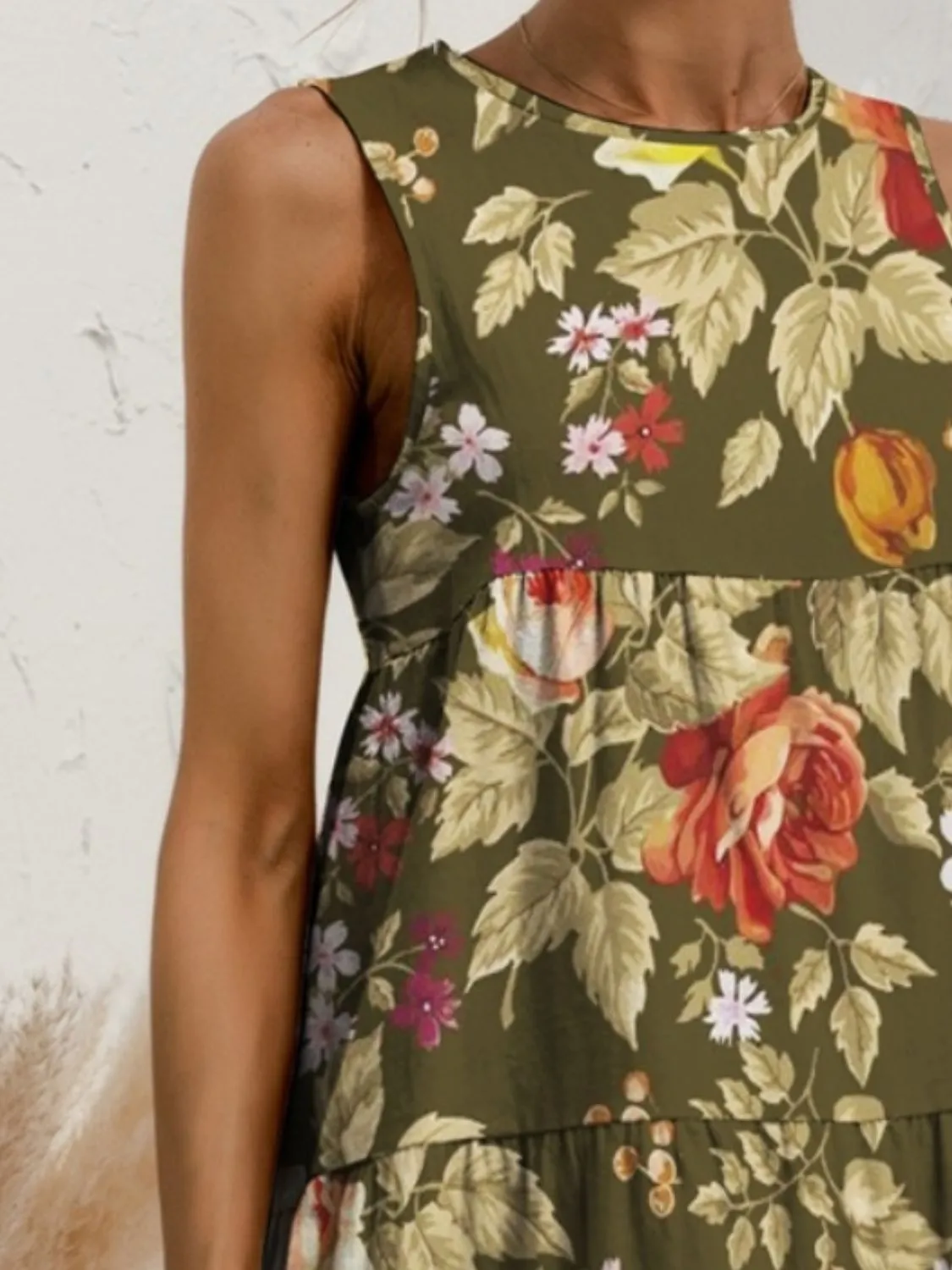 FAM-FAM Tiered Printed Round Neck Sleeveless Dress (4 Color Styles)