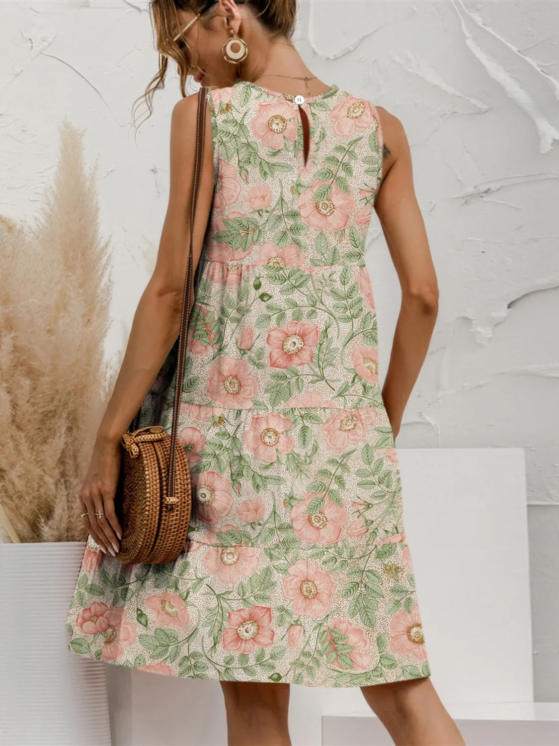 FAM-FAM Tiered Printed Round Neck Sleeveless Dress (4 Color Styles)