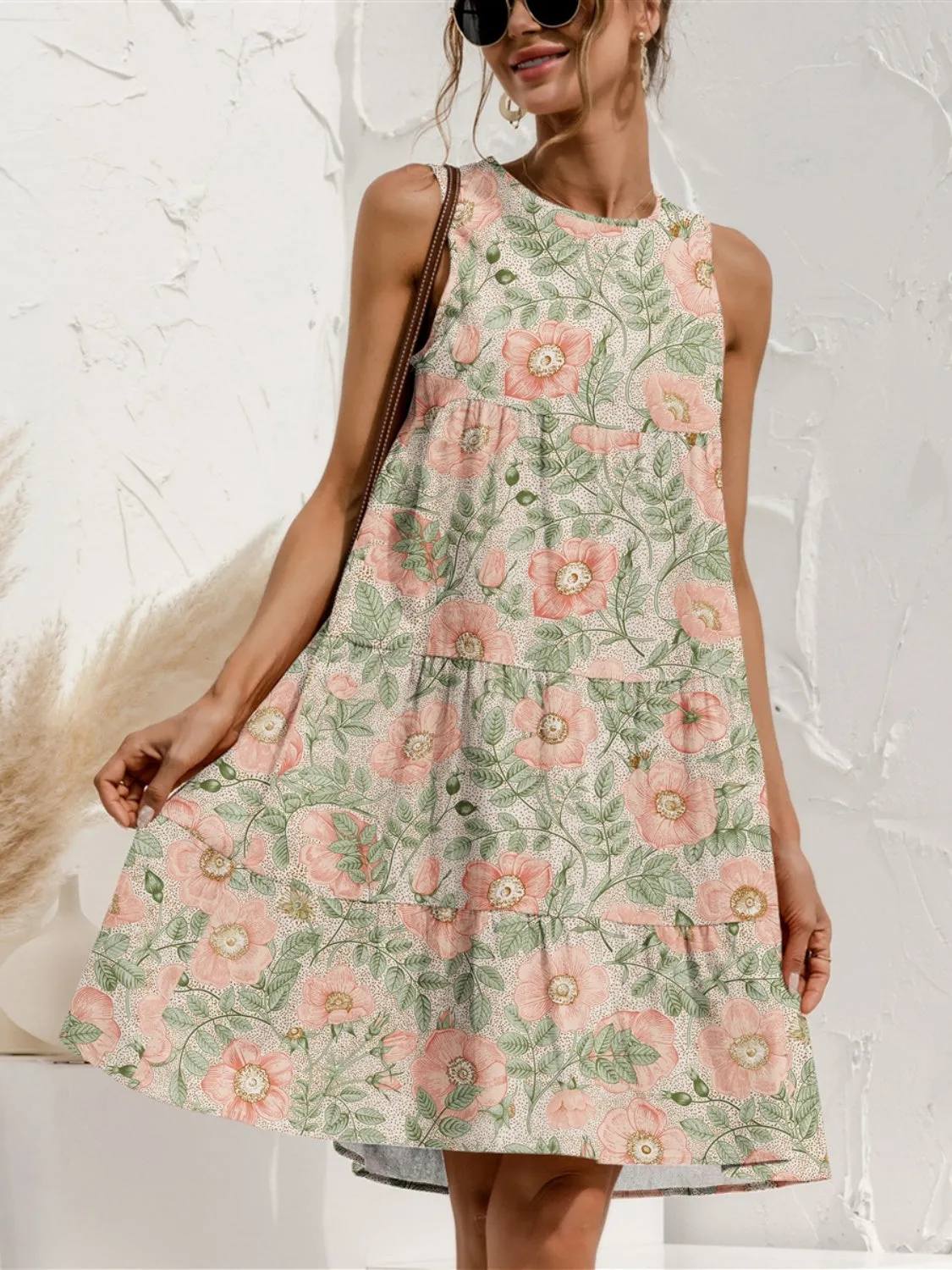 FAM-FAM Tiered Printed Round Neck Sleeveless Dress (4 Color Styles)