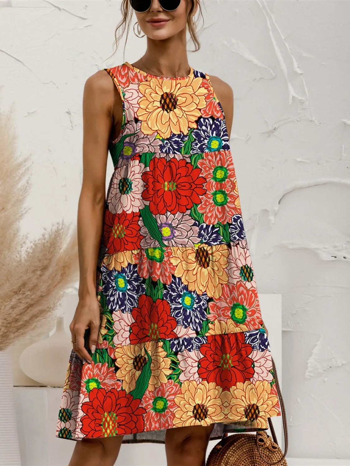 FAM-FAM Tiered Printed Round Neck Sleeveless Dress (4 Color Styles)